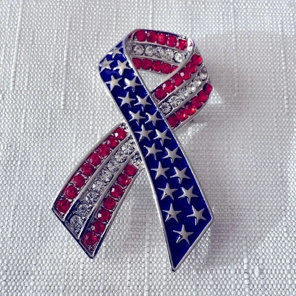 Red, White and Blue Silver Tone Rhinestone Brooch - Picture 1 of 2